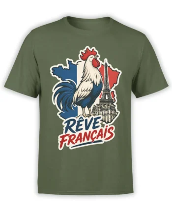 French rooster graphic with Eiffel Tower and tricolor France map on an olive green T-shirt