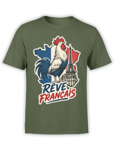 French rooster graphic with Eiffel Tower and tricolor France map on an olive green T-shirt
