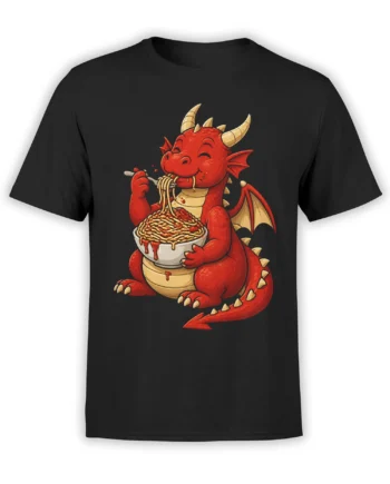 Cheerful red dragon eating spaghetti from a large bowl on a black fantasy T-shirt