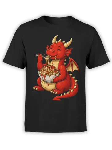 Cheerful red dragon eating spaghetti from a large bowl on a black fantasy T-shirt
