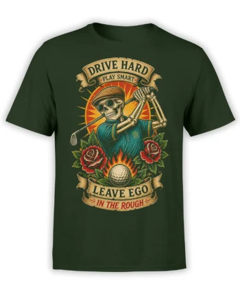 Vintage skeleton golfer swinging a club with roses, flames, and bold banners on a green golf T-shirt