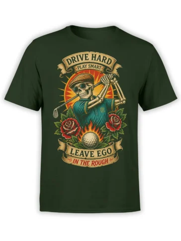 Vintage skeleton golfer swinging a club with roses, flames, and bold banners on a green golf T-shirt