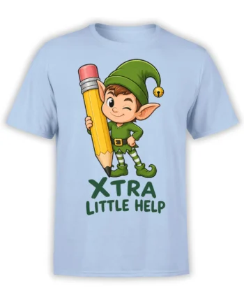 Cheerful green elf holding a giant yellow pencil on a light blue graphic T-shirt with “XTRA LITTLE HELP” text