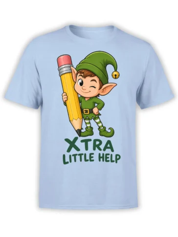 Cheerful green elf holding a giant yellow pencil on a light blue graphic T-shirt with “XTRA LITTLE HELP” text