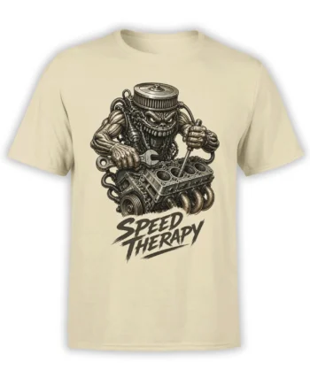 Beige mechanic T-shirt with a muscular engine creature, tools, engine parts, and Speed Therapy lettering
