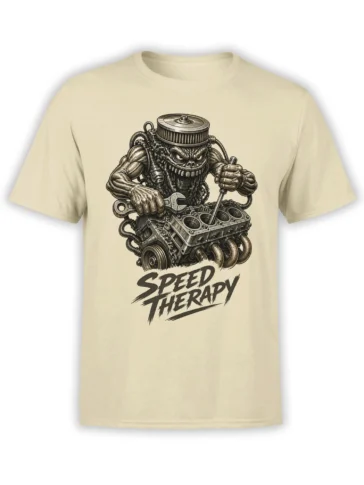 Beige mechanic T-shirt with a muscular engine creature, tools, engine parts, and Speed Therapy lettering