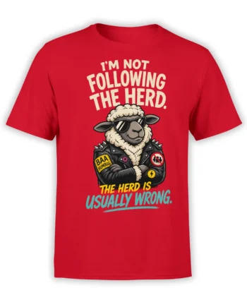 Rebellious sheep in sunglasses and a spiked jacket on a red anti-herd graphic T-shirt