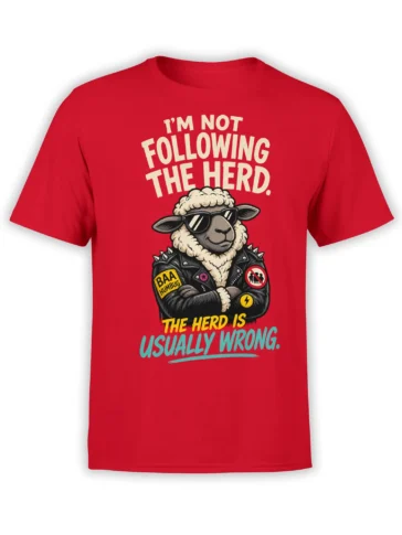 Rebellious sheep in sunglasses and a spiked jacket on a red anti-herd graphic T-shirt