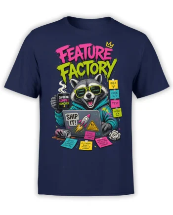 Colorful raccoon programmer graphic on a navy shirt with coffee, laptop, coding notes, and bright text