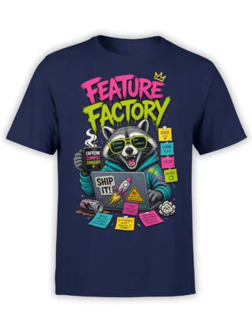 Colorful raccoon programmer graphic on a navy shirt with coffee, laptop, coding notes, and bright text