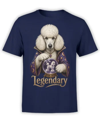 Legendary white poodle fortune teller design with crystal ball on a navy dog t-shirt