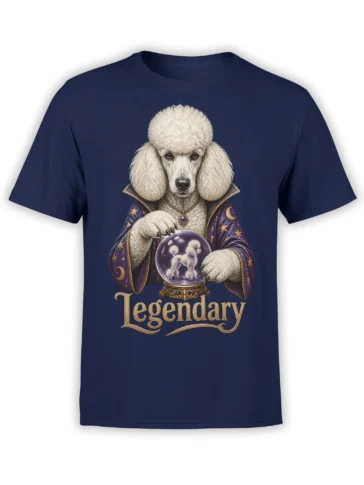 Legendary white poodle fortune teller design with crystal ball on a navy dog t-shirt