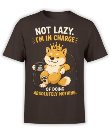 Crowned dog CEO lounging in an armchair with a coffee mug on a brown dog graphic T-shirt
