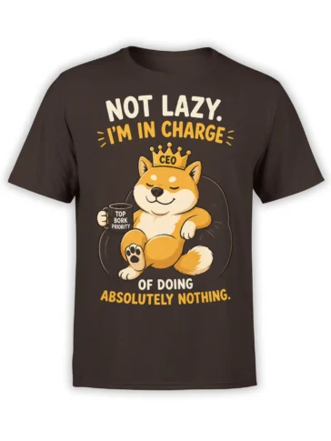 Crowned dog CEO lounging in an armchair with a coffee mug on a brown dog graphic T-shirt