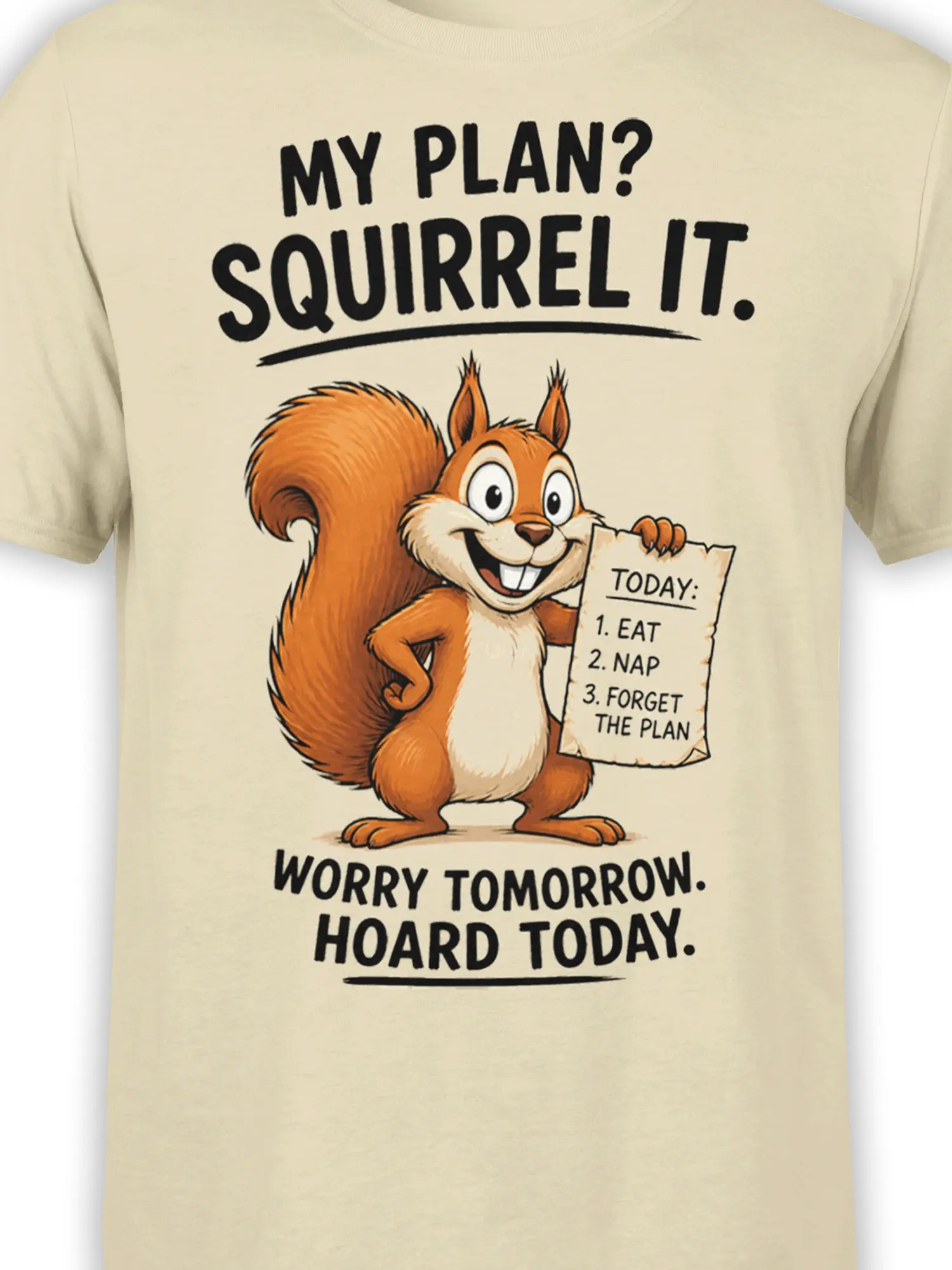 Close-up of orange squirrel artwork and black procrastination lettering on a beige graphic T-shirt