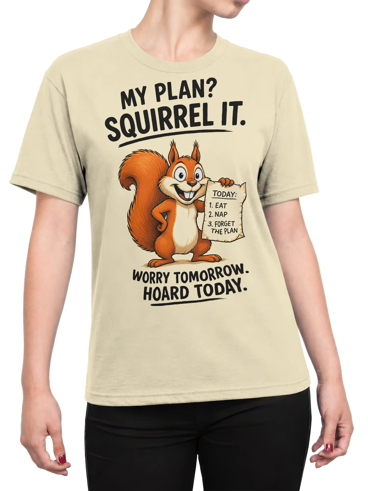 Female torso wearing a beige squirrel graphic tee with humorous eat, nap, and procrastinate lettering