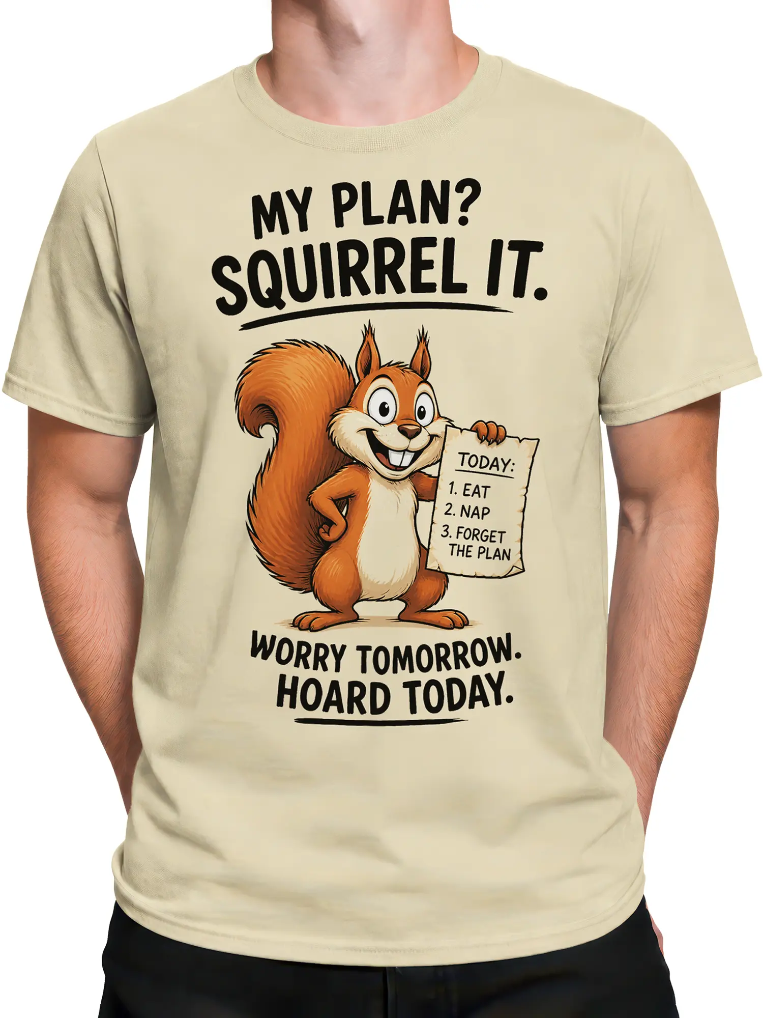 Male torso wearing a beige squirrel T-shirt with bold black lettering and playful cartoon artwork