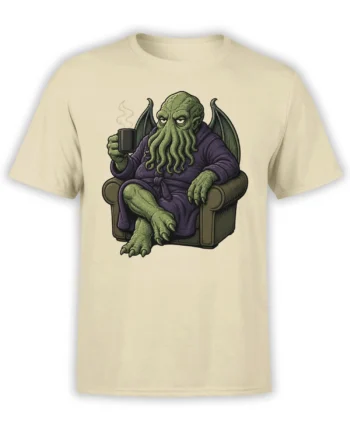 Beige T-shirt with a winged green tentacle monster in a purple robe holding a steaming mug