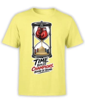 Yellow boxing T-shirt with red gloves in an hourglass and “Time Builds Champions” graphic