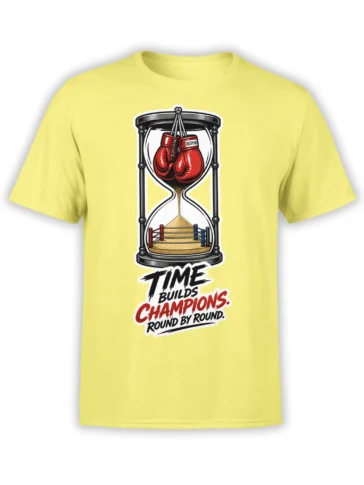 Yellow boxing T-shirt with red gloves in an hourglass and “Time Builds Champions” graphic