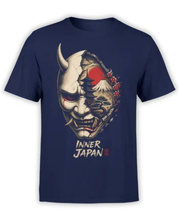 Japanese demon mask T-shirt in navy with Mount Fuji, pagoda, cherry blossoms, and Inner Japan lettering