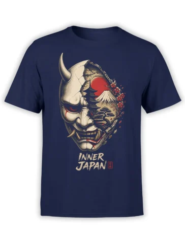 Japanese demon mask T-shirt in navy with Mount Fuji, pagoda, cherry blossoms, and Inner Japan lettering