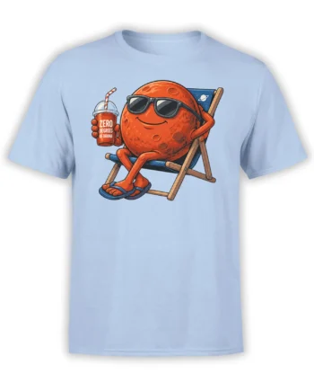 Light blue T-shirt with a red planet in sunglasses relaxing in a chair under a zero degrees of drama message