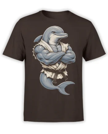 Muscular blue dolphin in a martial arts uniform with crossed arms on a dark brown graphic T-shirt