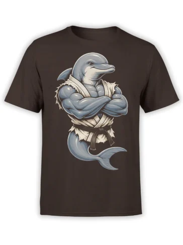 Muscular blue dolphin in a martial arts uniform with crossed arms on a dark brown graphic T-shirt