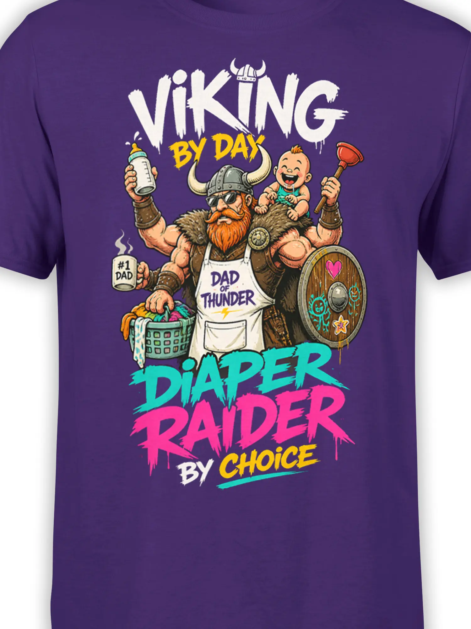 Close-up of Viking dad artwork with baby, horned helmet, shield, apron, and colorful diaper duty text on purple