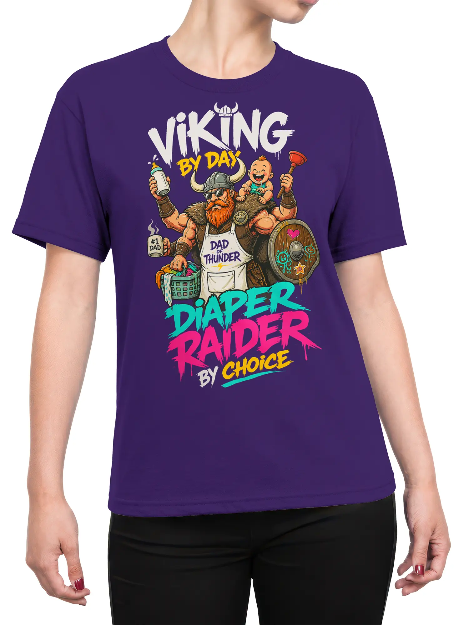 Female torso wearing a purple Viking dad T-shirt with colorful diaper duty artwork and a comic-style fatherhood design