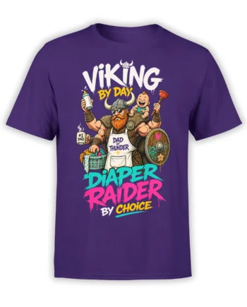 Funny Viking dad T-shirt in purple with baby, shield, laundry basket, and bold diaper duty lettering