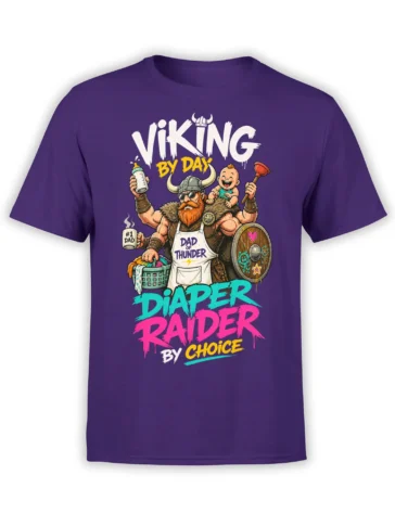 Funny Viking dad T-shirt in purple with baby, shield, laundry basket, and bold diaper duty lettering