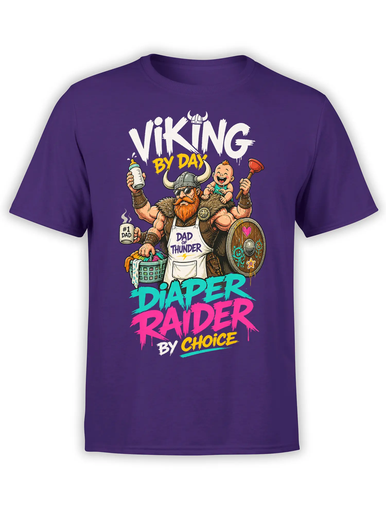 Funny Viking dad T-shirt in purple with baby, shield, laundry basket, and bold diaper duty lettering