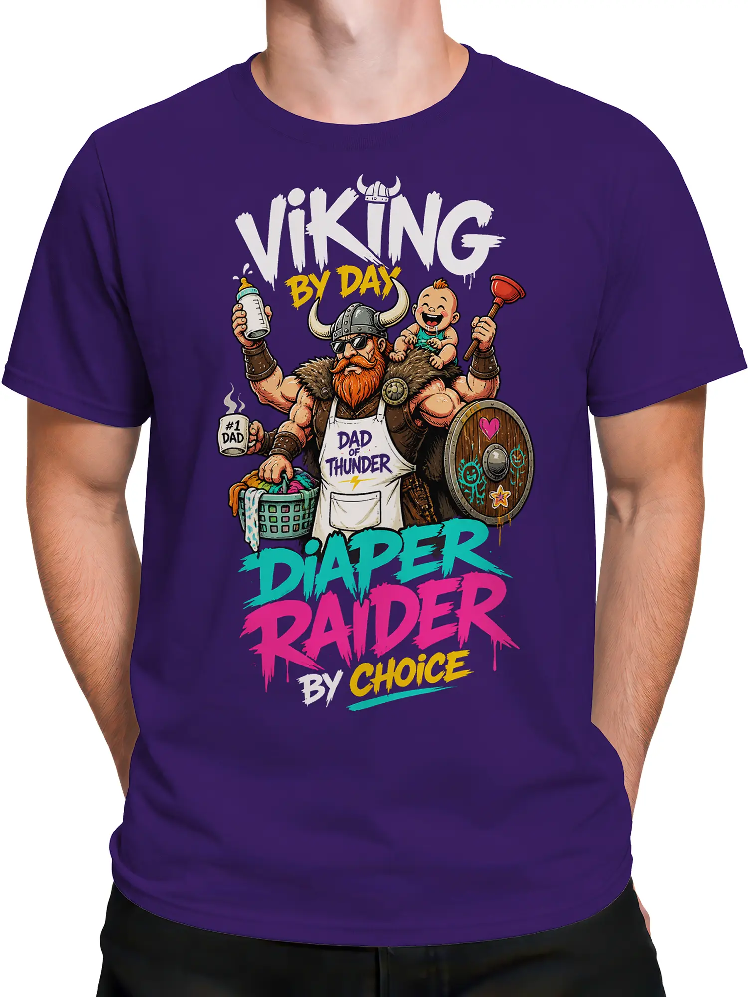 Male torso wearing a purple Viking dad T-shirt with baby, shield, laundry basket, and bold colorful lettering