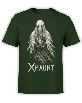 Ghostly figure holding an anatomical heart on a dark green haunted heart T-shirt