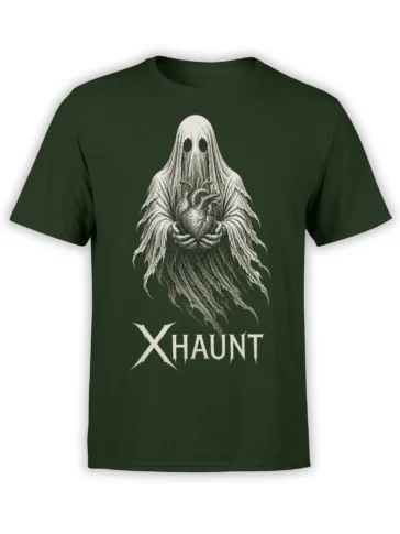 Ghostly figure holding an anatomical heart on a dark green haunted heart T-shirt