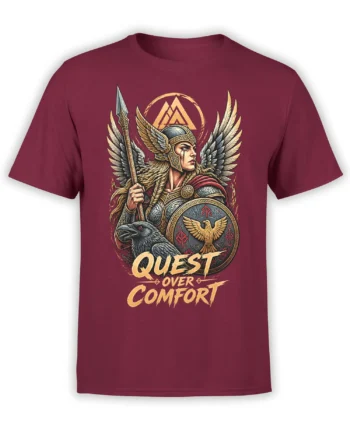 Burgundy T-shirt with a winged warrior, raven, eagle shield, and “Quest Over Comfort” fantasy artwork