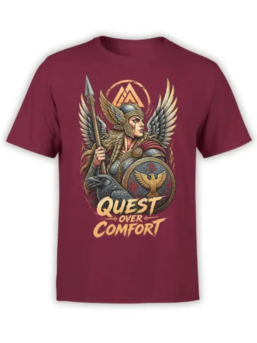 Burgundy T-shirt with a winged warrior, raven, eagle shield, and “Quest Over Comfort” fantasy artwork