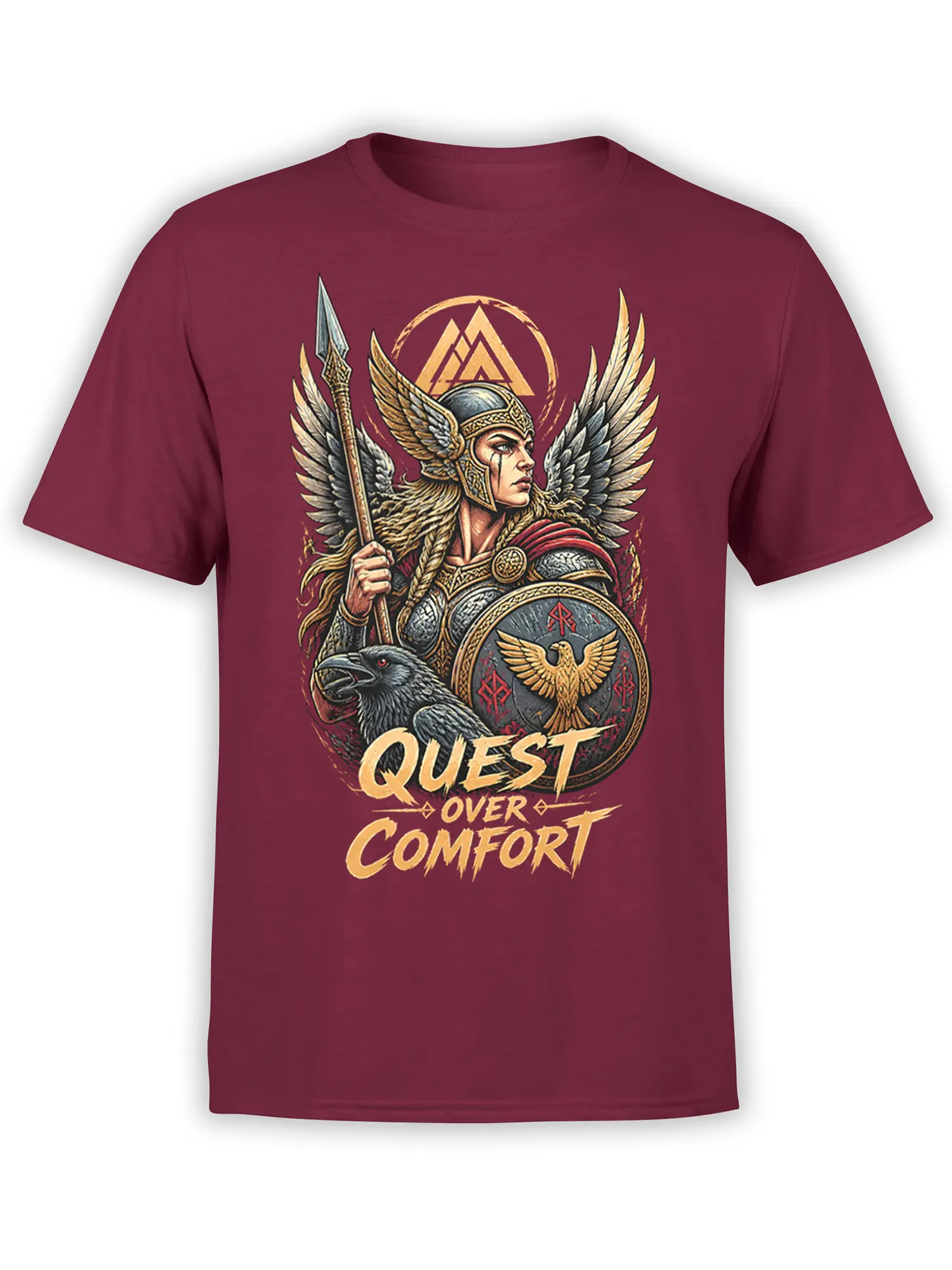 Burgundy T-shirt with a winged warrior, raven, eagle shield, and “Quest Over Comfort” fantasy artwork