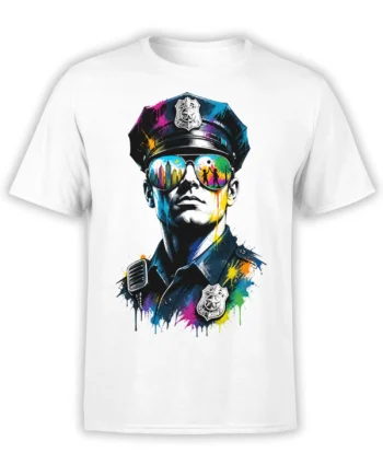 colorful police officer portrait T-shirt with sunglasses, badges, and urban paint splashes on white