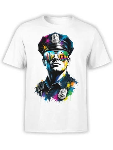 colorful police officer portrait T-shirt with sunglasses, badges, and urban paint splashes on white