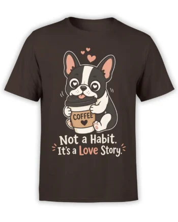 Black-and-white dog holding a coffee cup on a brown T-shirt with a love story message