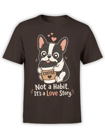 Black-and-white dog holding a coffee cup on a brown T-shirt with a love story message