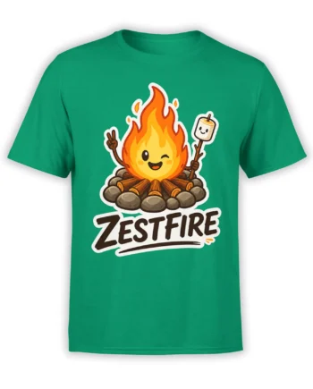 Green T-shirt with a smiling campfire, toasted marshmallow, peace sign, and bold ZESFIRE lettering