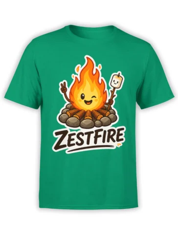 Green T-shirt with a smiling campfire, toasted marshmallow, peace sign, and bold ZESFIRE lettering