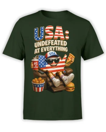 Dark green USA T-shirt with a sunglasses-wearing flag character, pizza, snacks, burger, and bold patriotic lettering