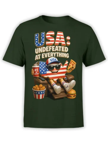 Dark green USA T-shirt with a sunglasses-wearing flag character, pizza, snacks, burger, and bold patriotic lettering