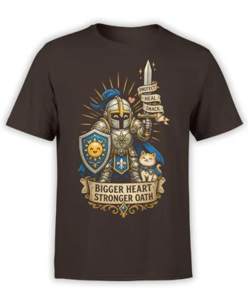 Armored cat knight fantasy design with sword, shield, and Protect Heal Snack banner on a brown T-shirt