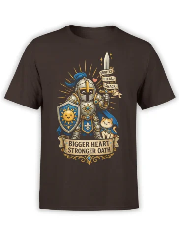 Armored cat knight fantasy design with sword, shield, and Protect Heal Snack banner on a brown T-shirt